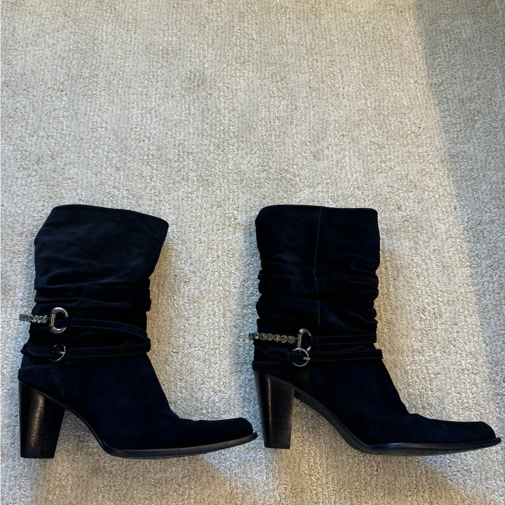 Stuart Weitzman suede slouch boot with crystal straps 8